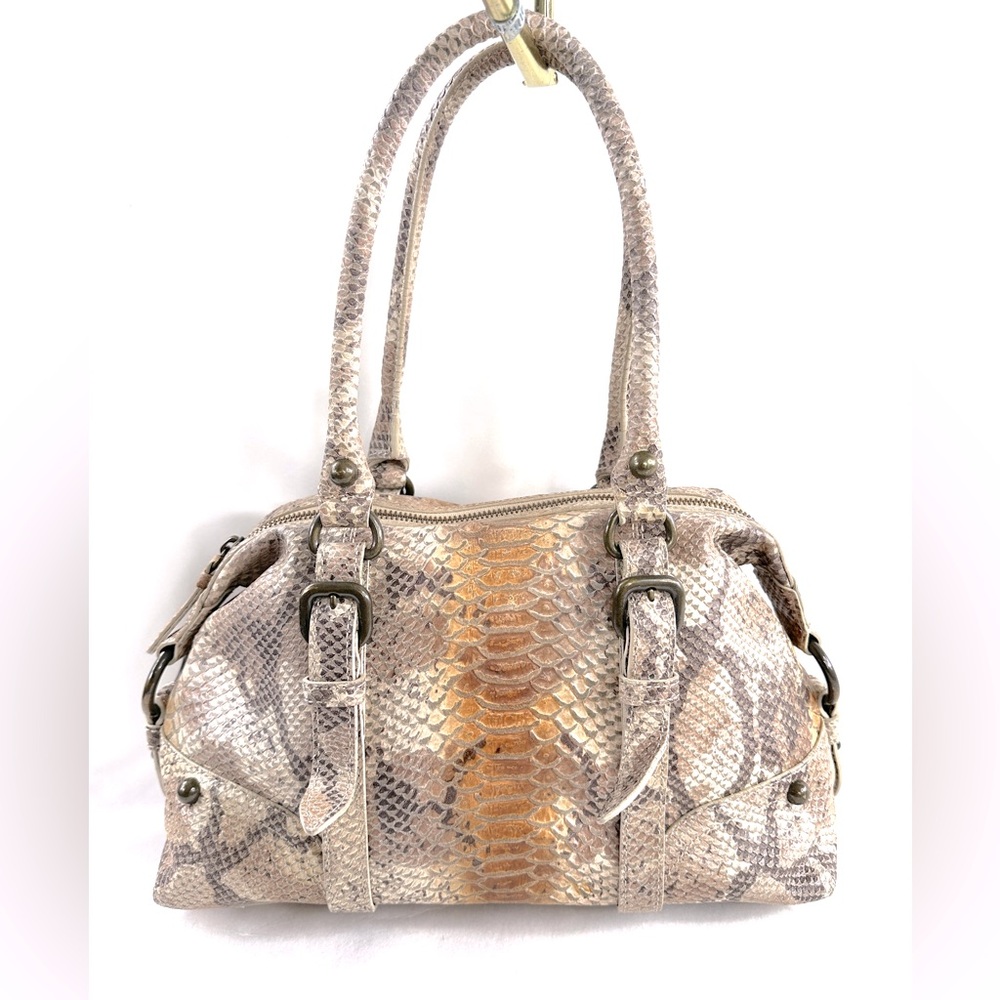 Forth & Towne Brown Cream Snake Embossed Print Leather Satchel Shoulder Bag